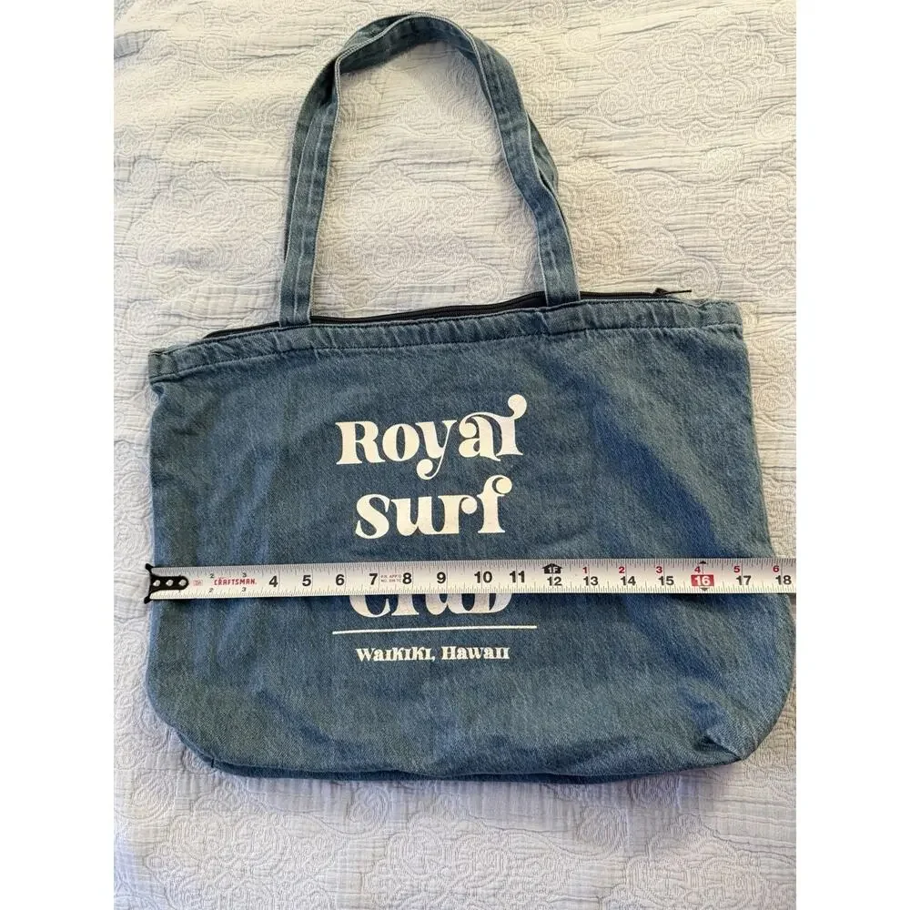 Royal‎ Surf Club Waikiki Beach Blue Denim Tote Bag Beach Vacation Zip Hawaii
